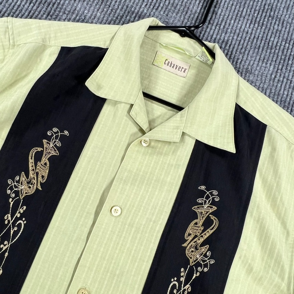 Cubavera Shirt Mens Large Black Green Short Sleeve Button Up Hawaiian Casual